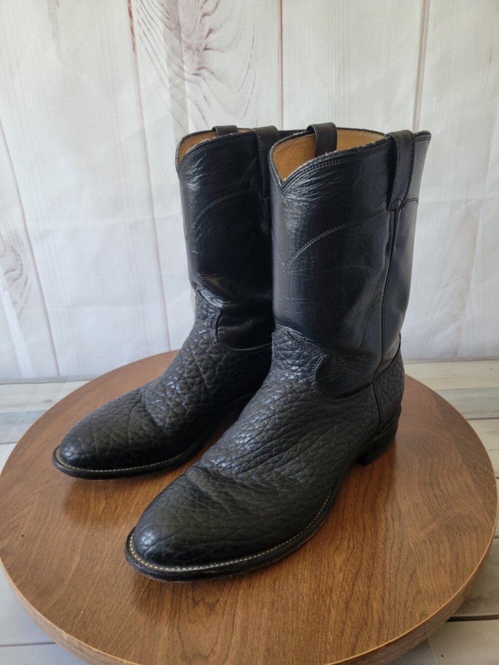 Justin 3187 Black Bull Hide Roper Boots, Men’s 9.5 Made in USA Western Cowboy - Picture 2 of 9